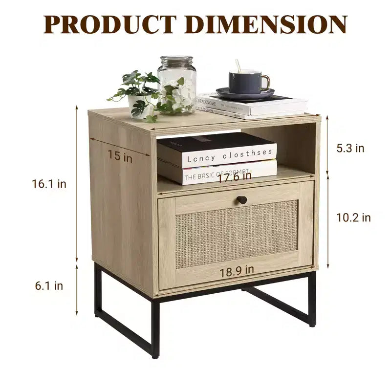 Table d'appoint à porte abattante couleur chêne clair et noire série Rotin avec caractéristique de table en rotin