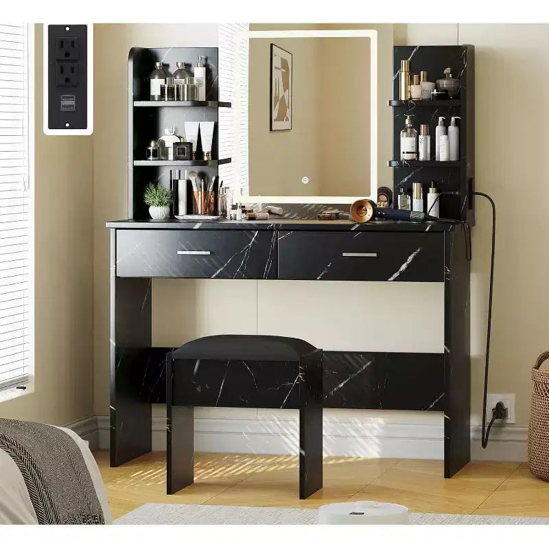 Acekool Vanity Desk with Lighted Mirror Stool Power Outlet 6 Shelves 2 Large Drawers 3-Color Adjustable LED Makeup Vanity for Bedroom Black