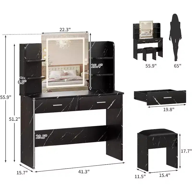 Coiffeuse avec miroir lumineux, tabouret, prise de courant et 6 étagères