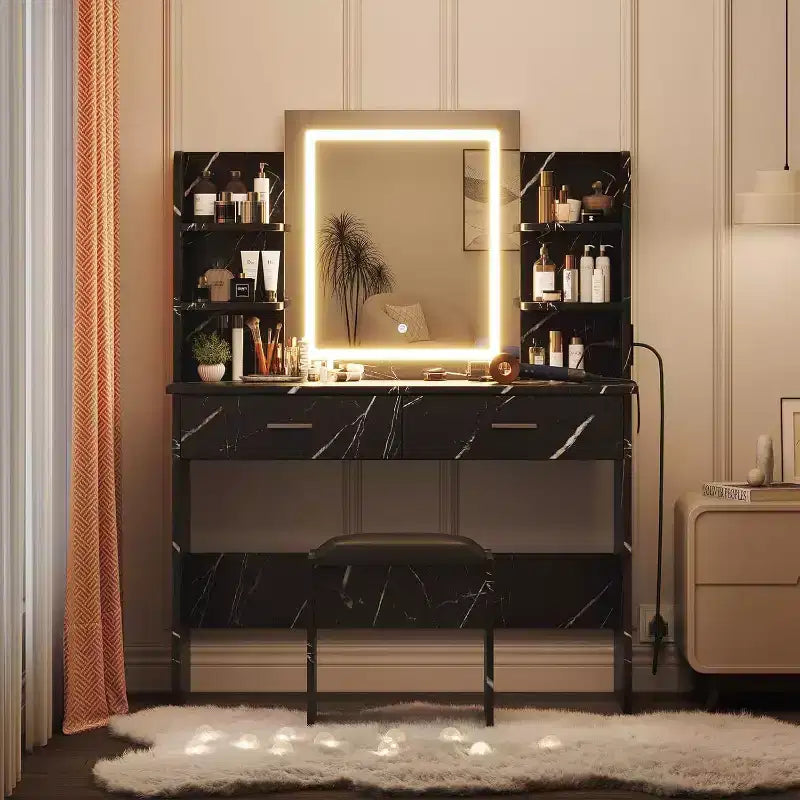 Coiffeuse avec miroir lumineux, tabouret, prise de courant et 6 étagères