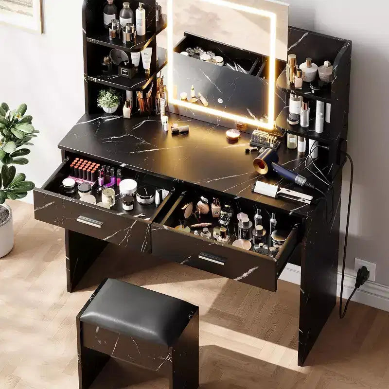 Coiffeuse avec miroir lumineux, tabouret, prise de courant et 6 étagères