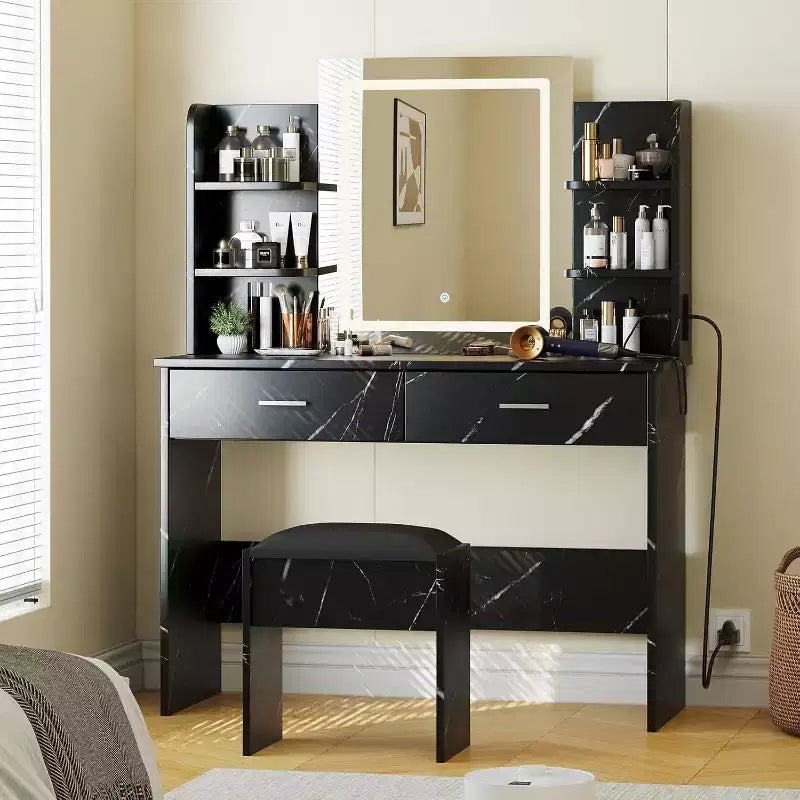 Coiffeuse avec miroir lumineux, tabouret, prise de courant et 6 étagères