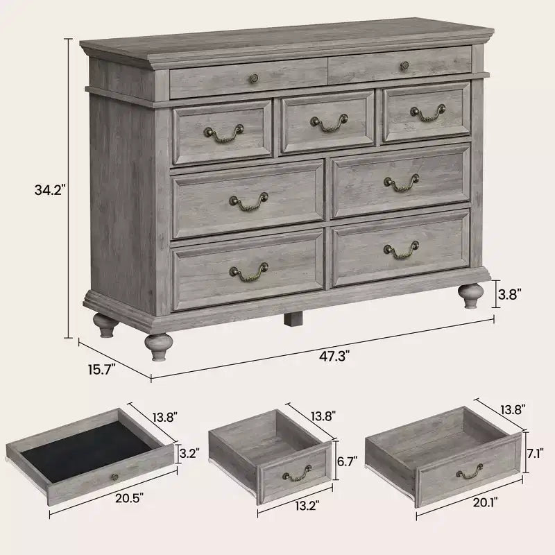 Commode à 9 tiroirs pour chambre à coucher, en bois style ferme
