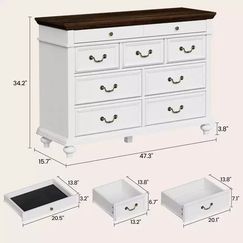 Commode à 9 tiroirs pour chambre à coucher, en bois style ferme