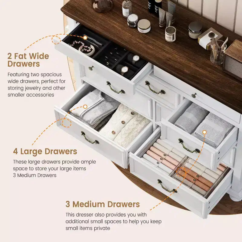 Commode à 9 tiroirs pour chambre à coucher, en bois style ferme