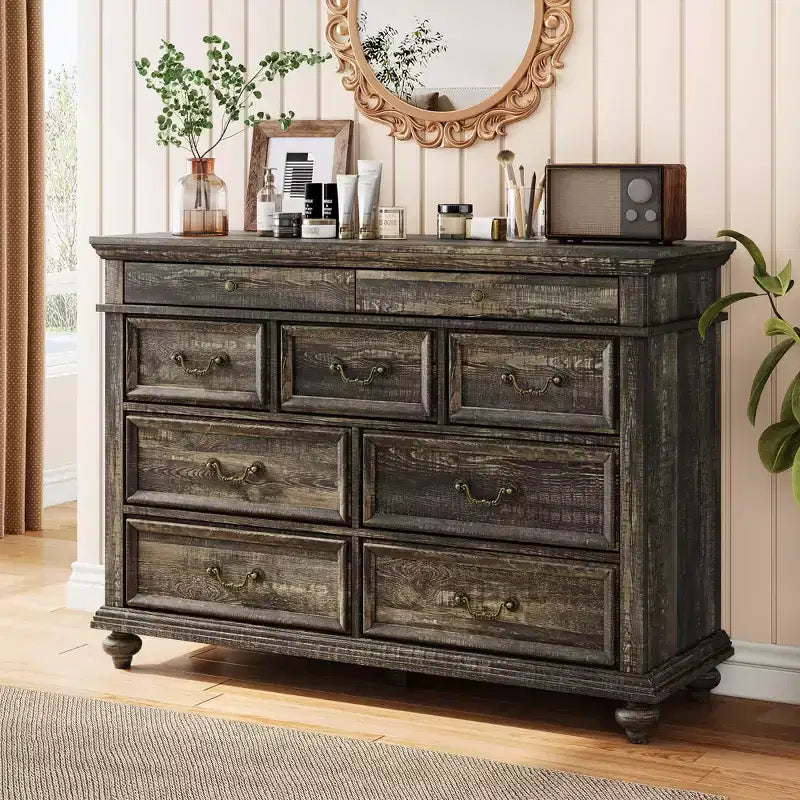 Commode à 9 tiroirs pour chambre à coucher, en bois style ferme