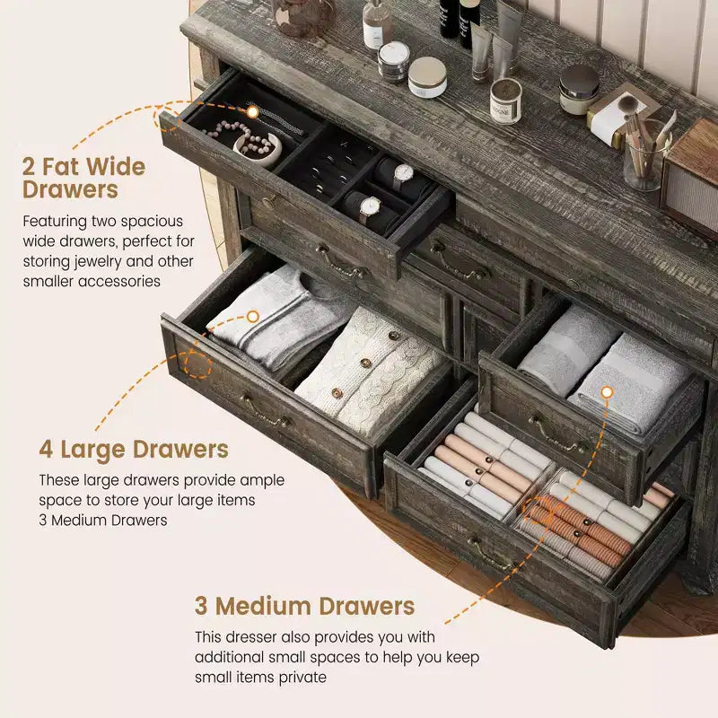 Commode à 9 tiroirs pour chambre à coucher, en bois style ferme