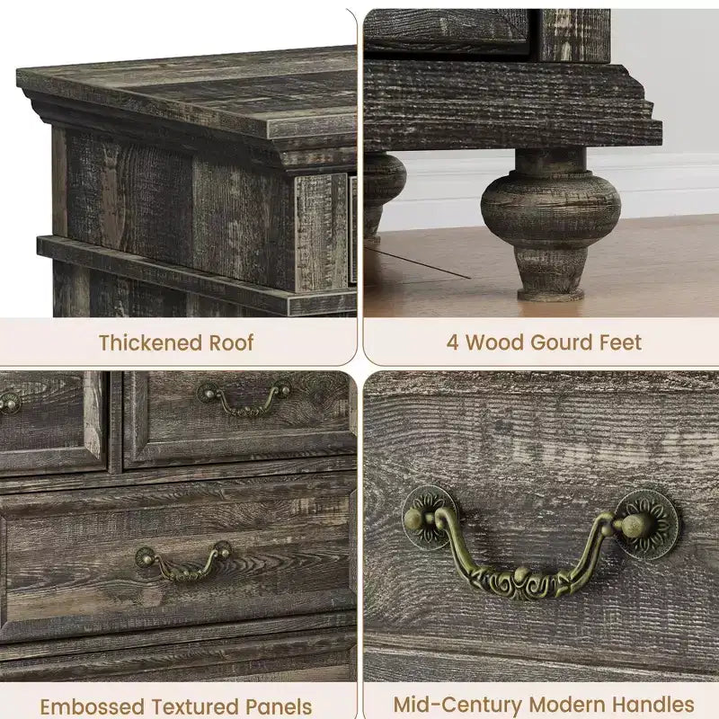 Commode à 9 tiroirs pour chambre à coucher, en bois style ferme