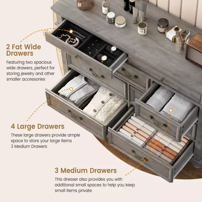 Commode à 9 tiroirs pour chambre à coucher, en bois style ferme