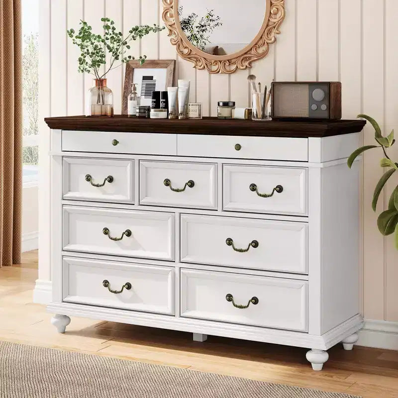 Commode à 9 tiroirs pour chambre à coucher, en bois style ferme