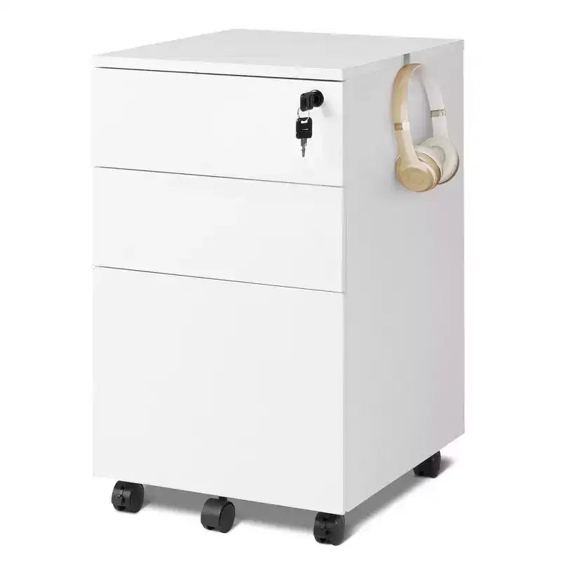 GALAXHERO 3-Drawer Rolling File Cabinet with Lock Wood Under Desk Filing Cabinet for Home Office Fits Letter/Legal/A4 Size White
