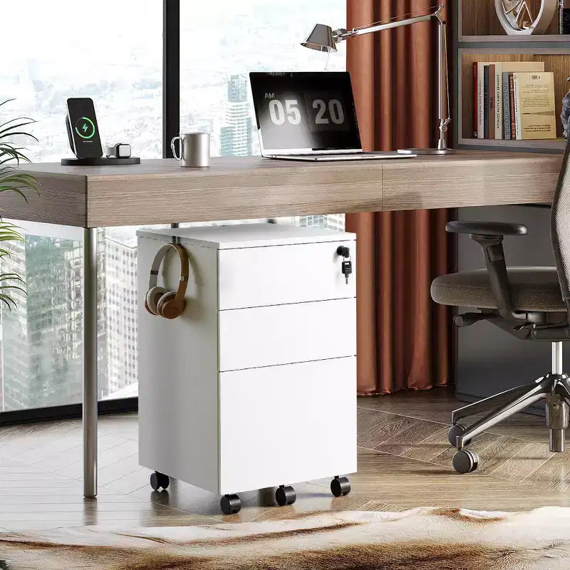 Meuble de classement roulant à 3 tiroirs avec serrure, en bois, à placer sous le bureau