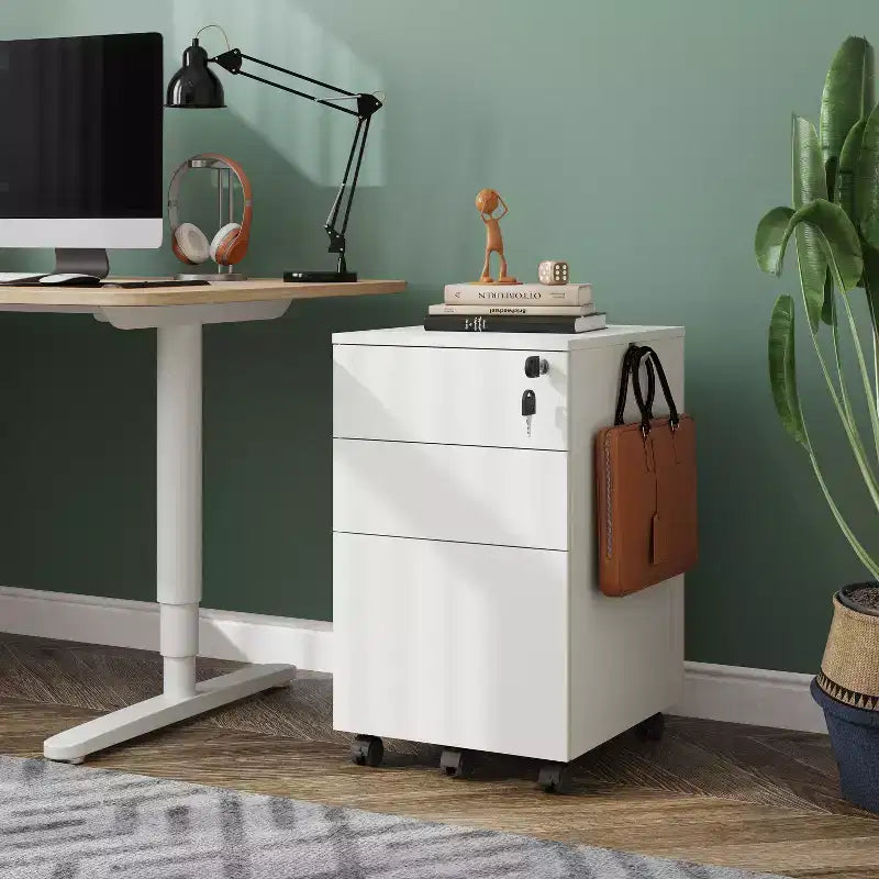 Meuble de classement roulant à 3 tiroirs avec serrure, en bois, à placer sous le bureau