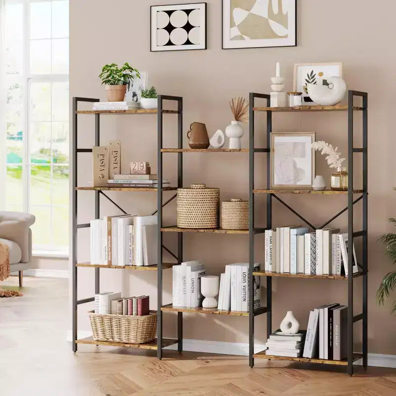 4 Tier Bookcase Industrial Bookshelf - Adjustable Wood Shelves & Heavy Duty Metal Frame 100Lbs Capacity Wide Storage Organizer