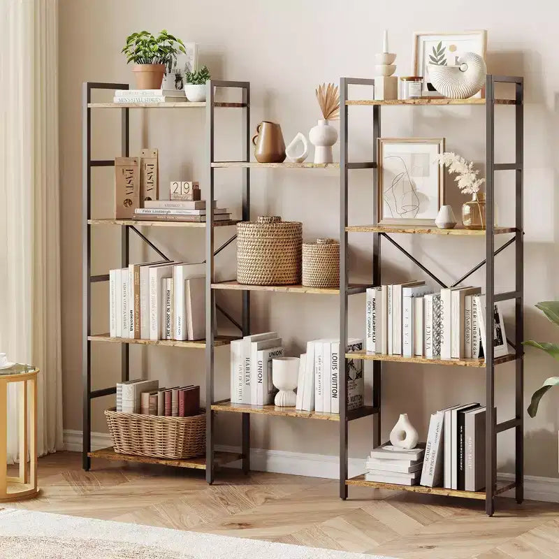 Étagère à 4 niveaux Bibliothèque industrielle - Étagères en bois réglables et cadre en métal robuste