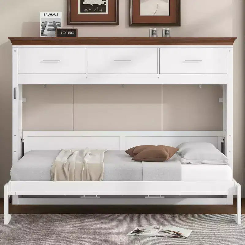 Lit double compact avec 3 tiroirs blanc