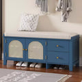 TUYOHW Shoe Storage Bench Vintage Shoe Bench with Storage and Cushion Shoe Bench with 2 Drawers and 2 Rattan Door for Entryway Navy