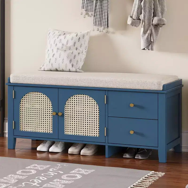 TUYOHW Shoe Storage Bench Vintage Shoe Bench with Storage and Cushion Shoe Bench with 2 Drawers and 2 Rattan Door for Entryway Navy