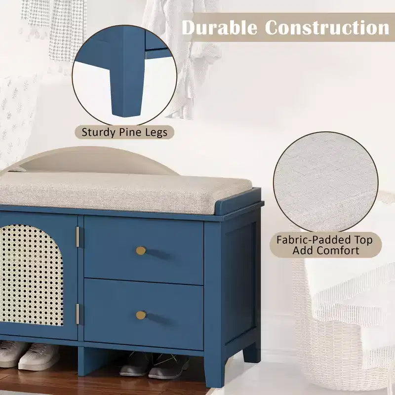 Banc à chaussures vintage avec rangement et coussin