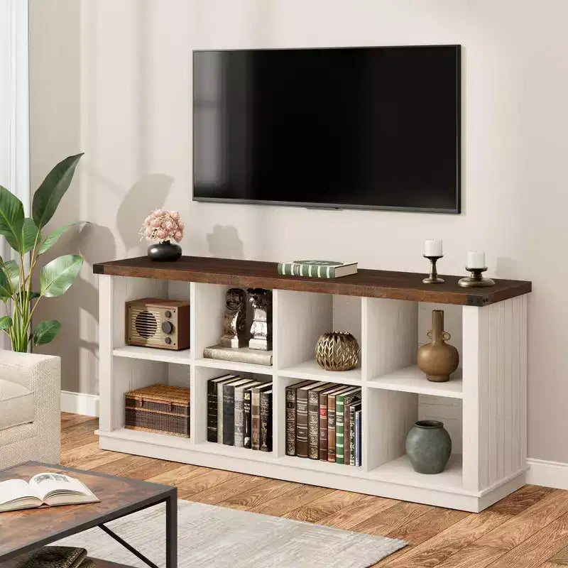 Étagère à livres horizontale 2 niveaux 8 cubes en bois style ferme rustique