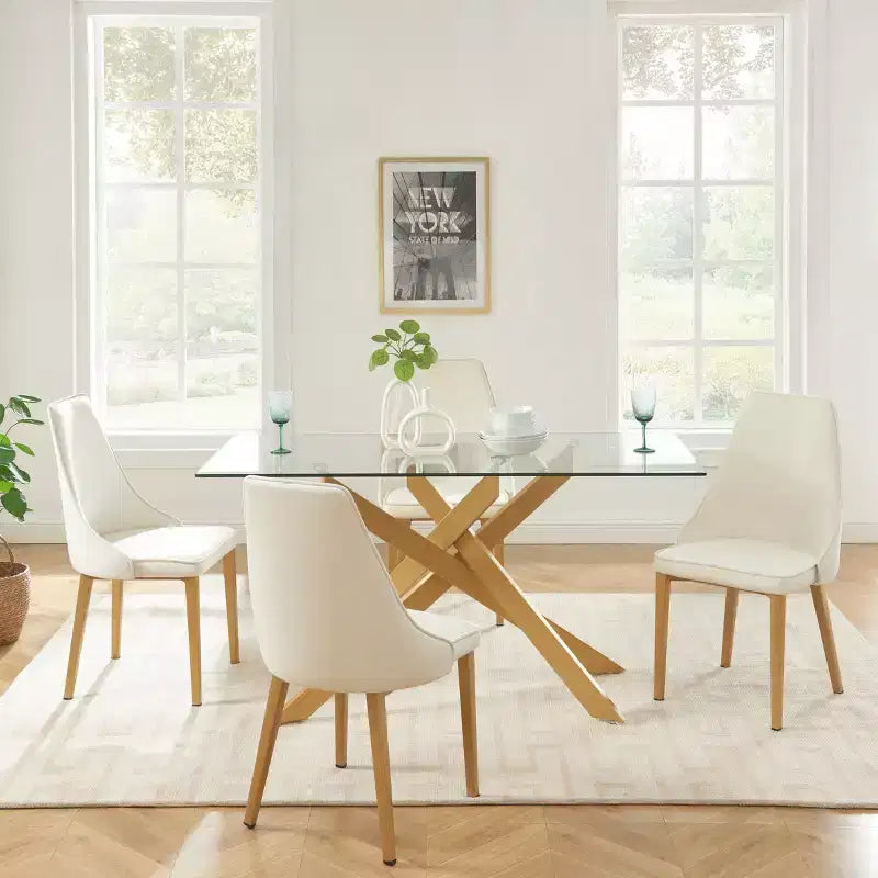 Table de salle à manger avec plateau en verre et pieds en acier
