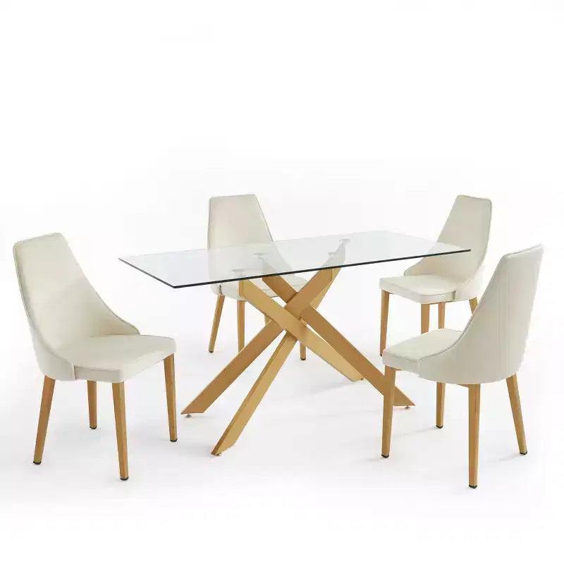 Table de salle à manger avec plateau en verre et pieds en acier
