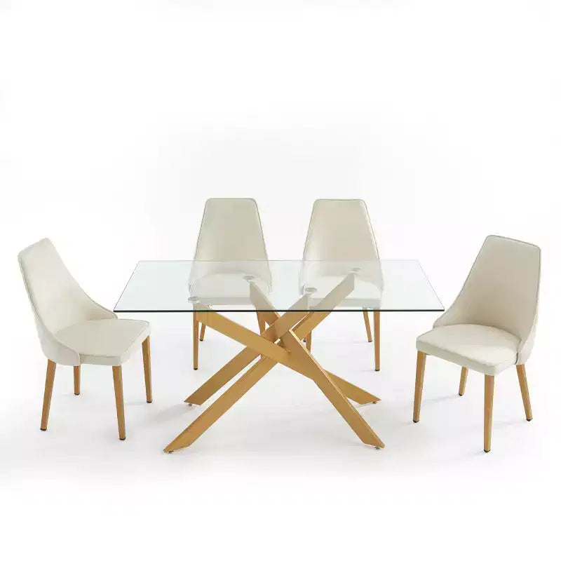 Table de salle à manger avec plateau en verre et pieds en acier