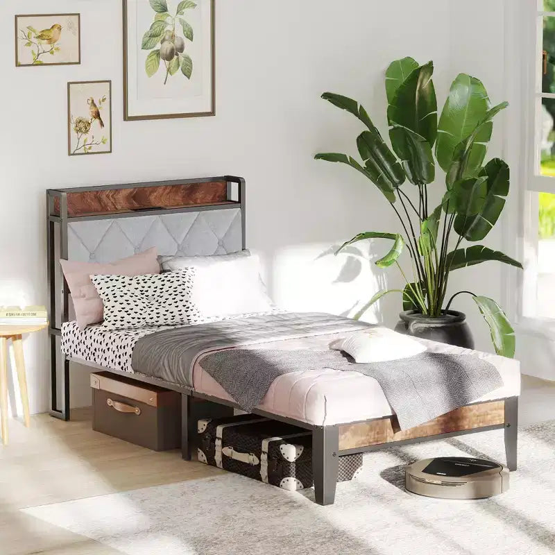 JIONJOY Noise-Free Bed Frame with Built-in Charging Ports 11 Underbed Storage No Box Spring Needed