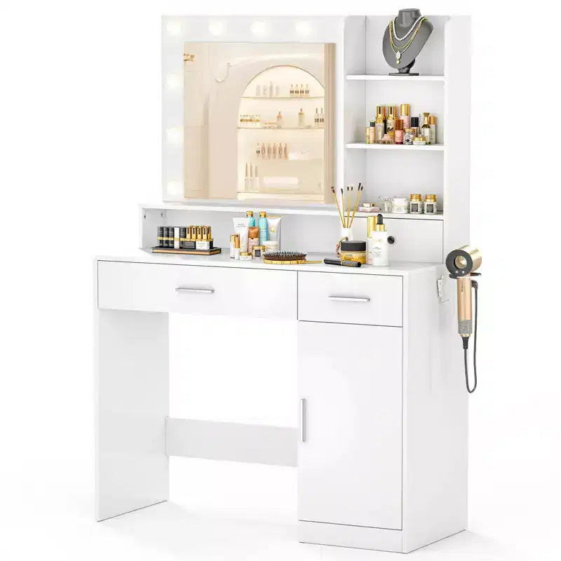 Bestier Vanity Desk with Mirror and Lights Makeup Dressing Table with 2/3 Drawers Adjustable Shelf Power Outlet Side Rack for Bedroom Dressing Room