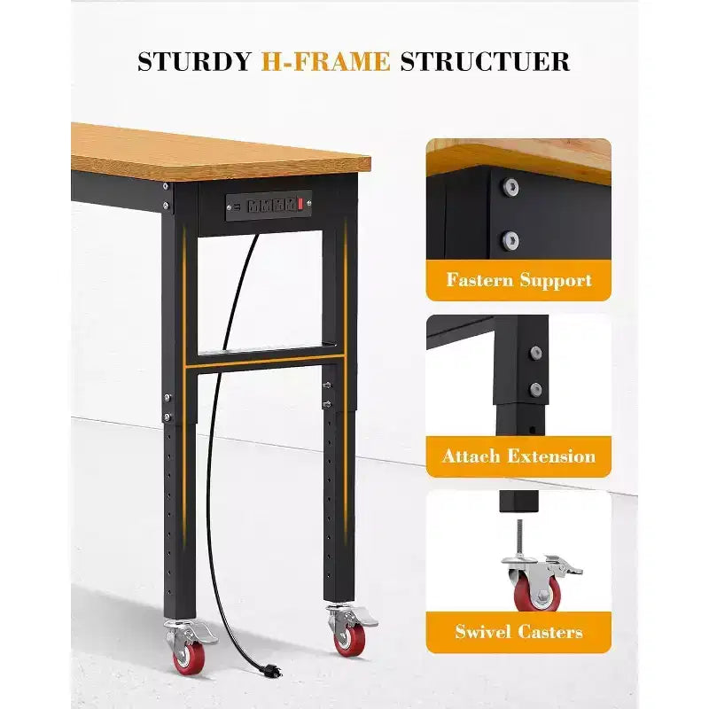 Établi réglable avec roues, plan de travail en bambou, table de station de travail
