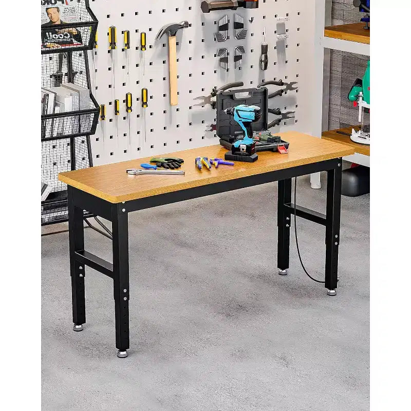 Établi réglable avec roues, plan de travail en bambou, table de station de travail