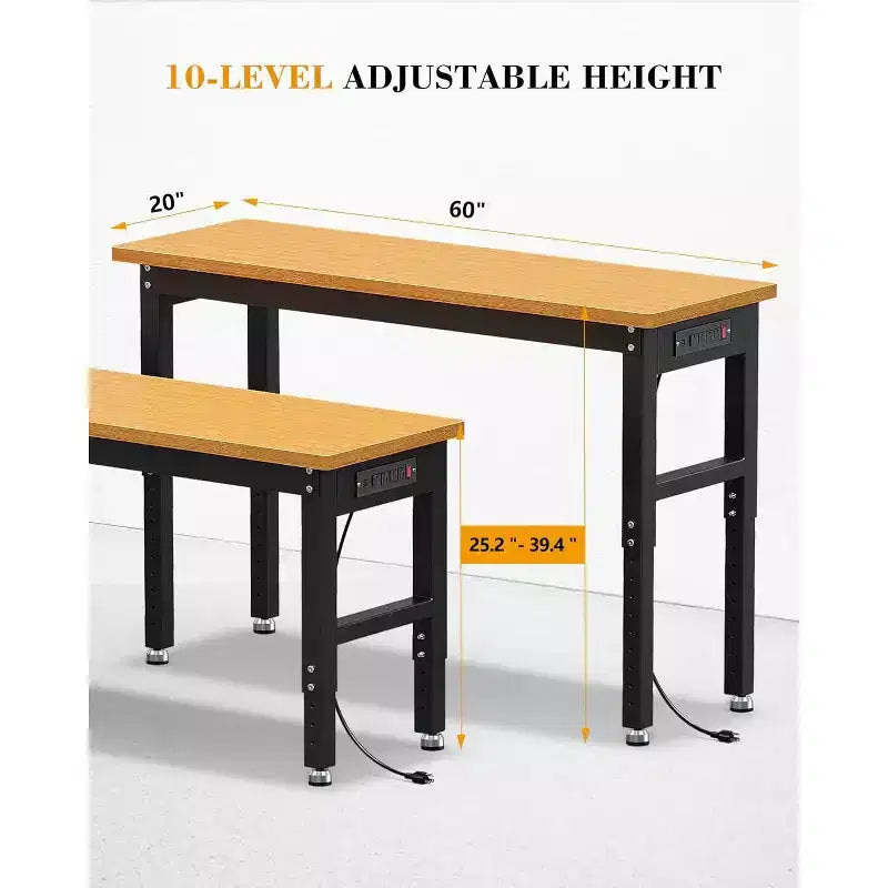 Établi réglable avec roues, plan de travail en bambou, table de station de travail