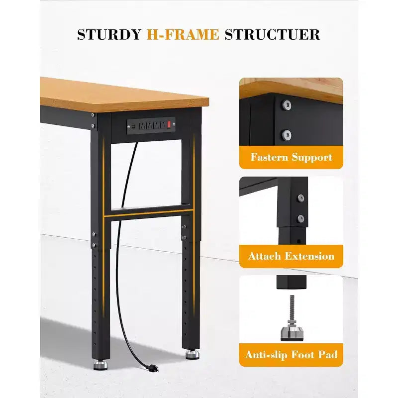 Établi réglable avec roues, plan de travail en bambou, table de station de travail