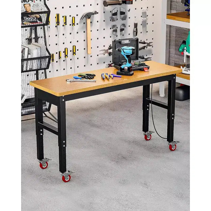 Établi réglable avec roues, plan de travail en bambou, table de station de travail
