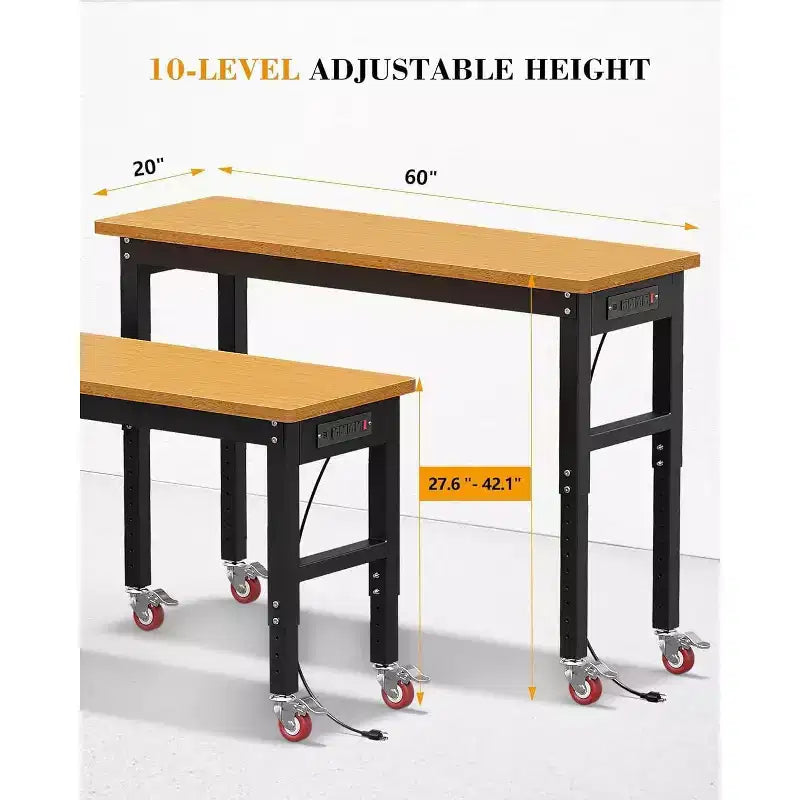 Établi réglable avec roues, plan de travail en bambou, table de station de travail