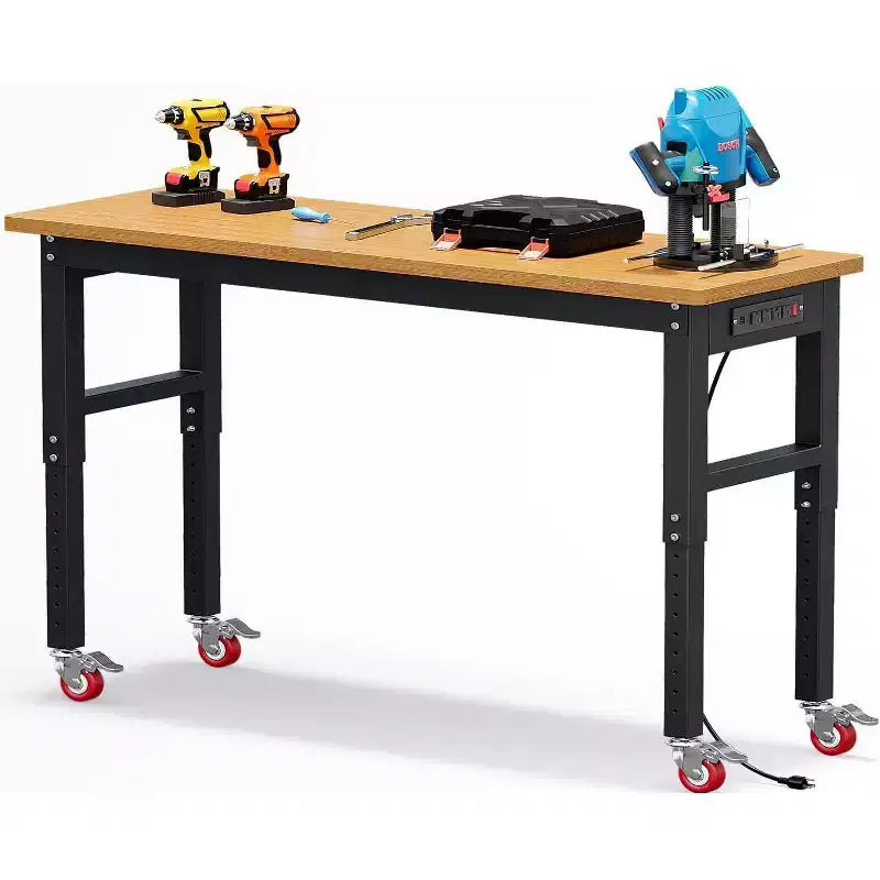 Établi réglable avec roues, plan de travail en bambou, table de station de travail