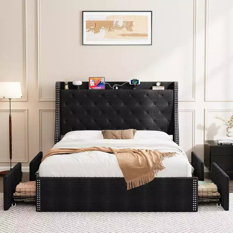 Bed Frame with Storage 4 Under Bed Drawers and Wingback Headboard Diamond Tufted Upholstered Platform No Box Spring Required
