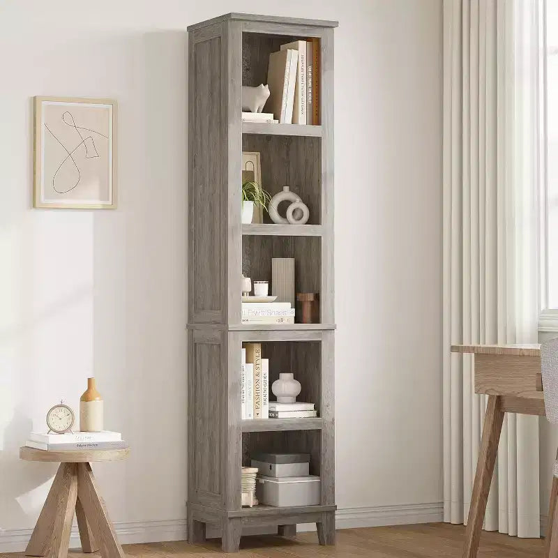 Narrow Bookcase 5 Tier Farmhouse Bookshelf Wooden Bookshelves Rustic Vintage Etagere Oak for Home Office Living Room Bed Room Gray