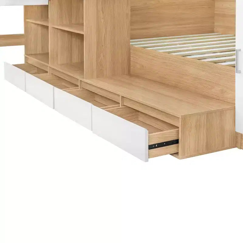 Cadre de lit plateforme avec 6 tiroirs, étagères, bureau, ports USB et armoire