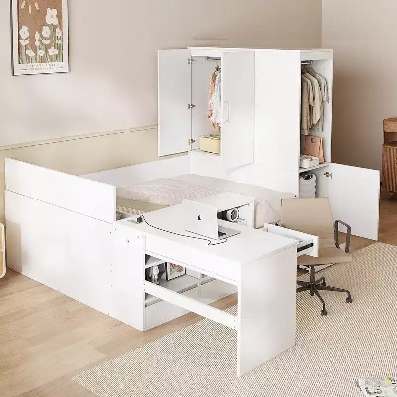 Cadre de lit plateforme avec 6 tiroirs, étagères, bureau, ports USB et armoire