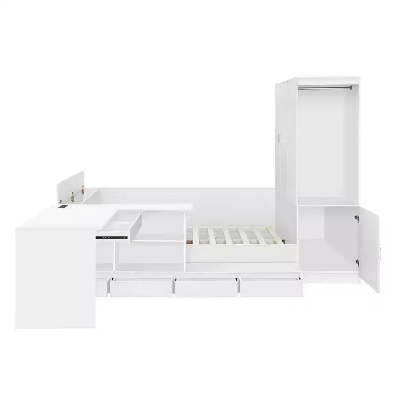 Cadre de lit plateforme avec 6 tiroirs, étagères, bureau, ports USB et armoire