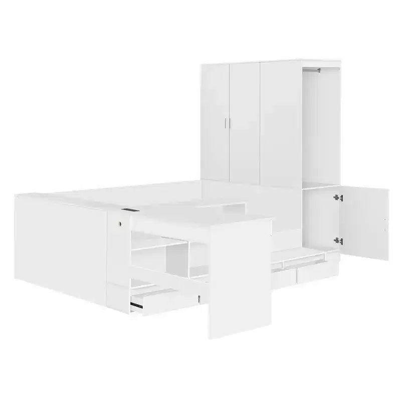 Cadre de lit plateforme avec 6 tiroirs, étagères, bureau, ports USB et armoire