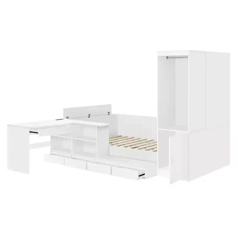 Cadre de lit plateforme avec 6 tiroirs, étagères, bureau, ports USB et armoire