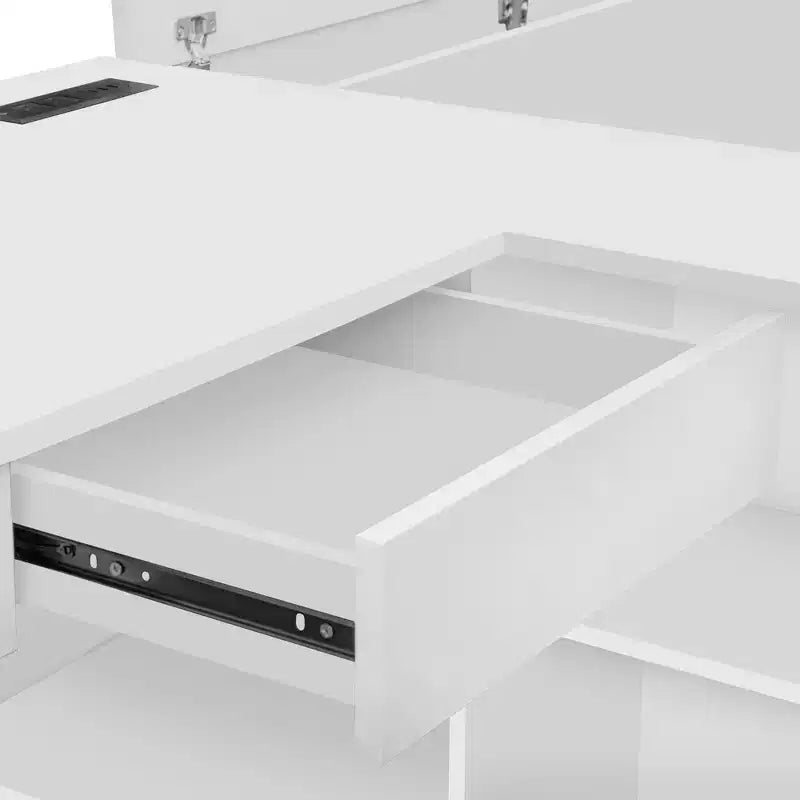 Cadre de lit plateforme avec 6 tiroirs, étagères, bureau, ports USB et armoire