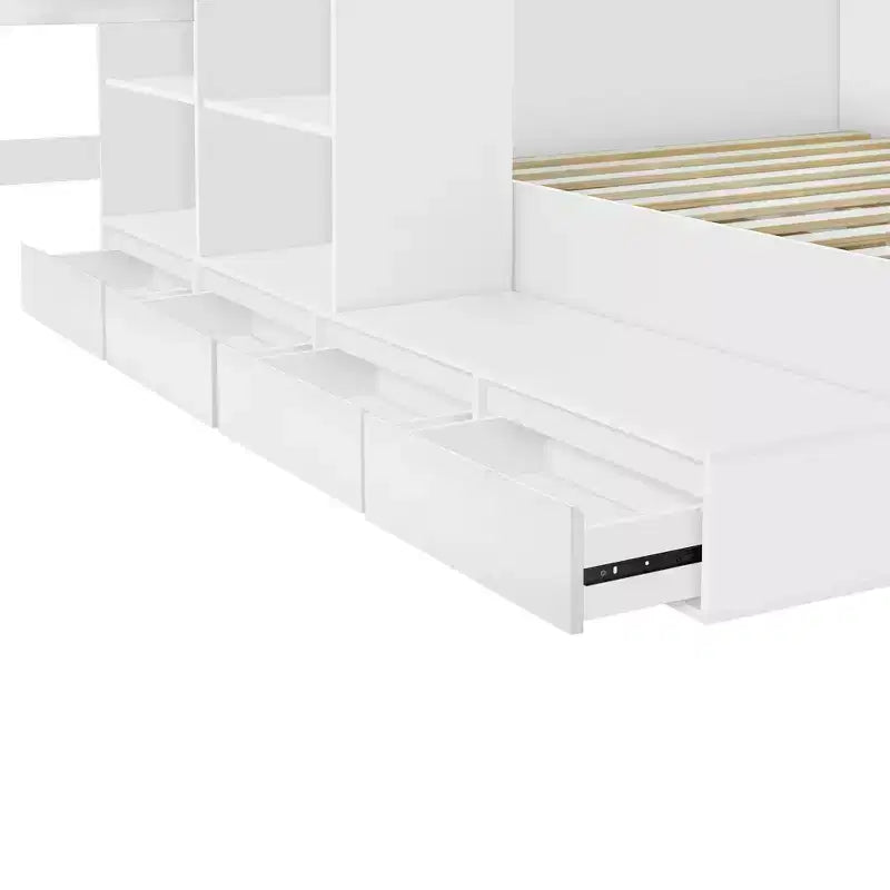 Cadre de lit plateforme avec 6 tiroirs, étagères, bureau, ports USB et armoire