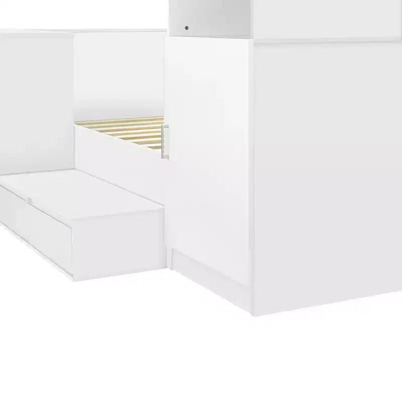 Cadre de lit plateforme avec 6 tiroirs, étagères, bureau, ports USB et armoire