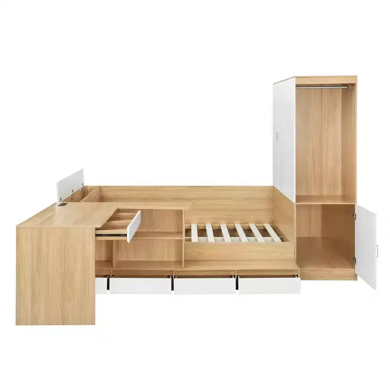 Cadre de lit plateforme avec 6 tiroirs, étagères, bureau, ports USB et armoire