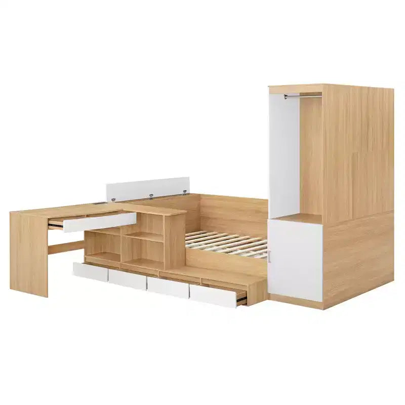 Cadre de lit plateforme avec 6 tiroirs, étagères, bureau, ports USB et armoire