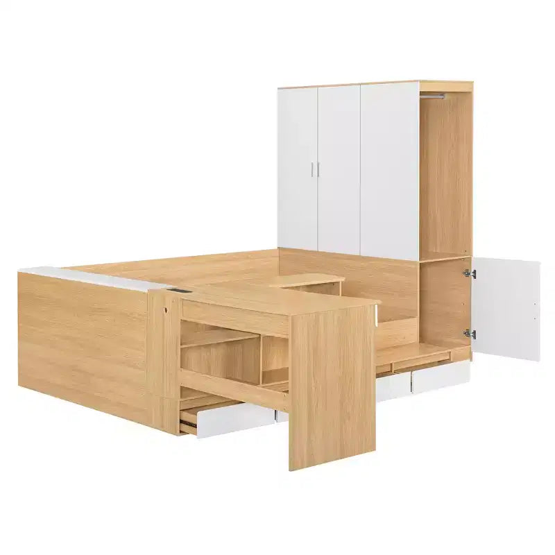 Cadre de lit plateforme avec 6 tiroirs, étagères, bureau, ports USB et armoire