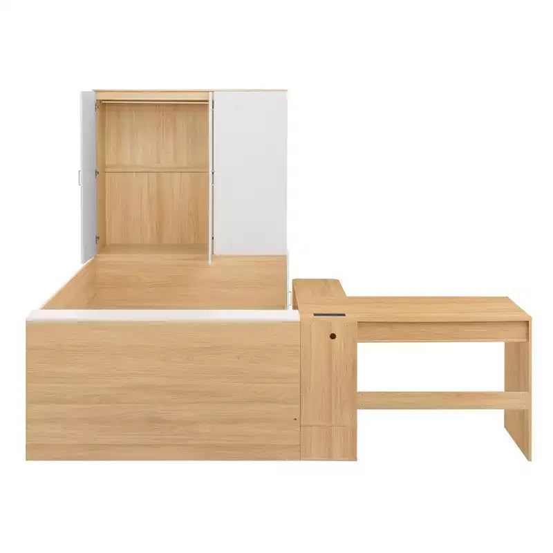 Cadre de lit plateforme avec 6 tiroirs, étagères, bureau, ports USB et armoire
